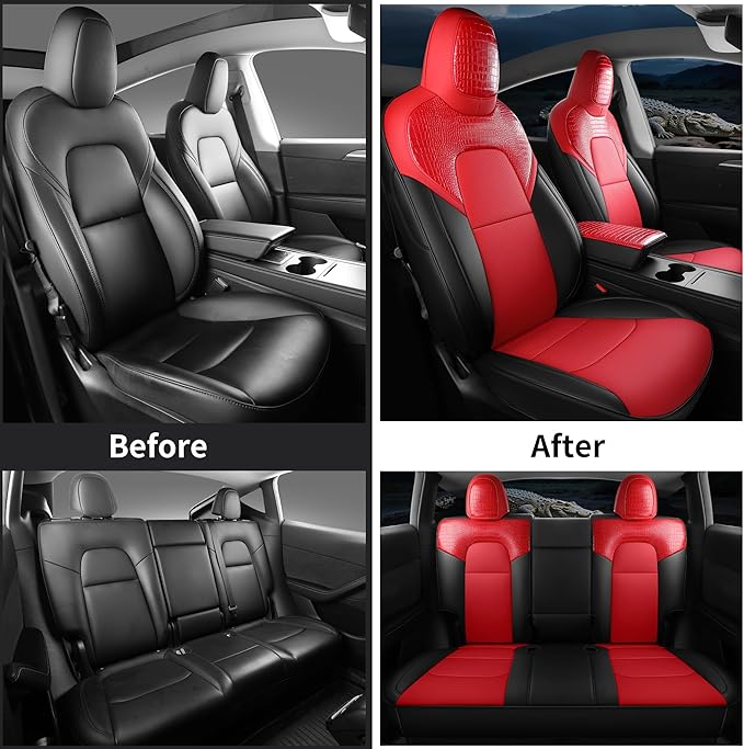 Red Rain for 2020-2024 Tesla Model Y Seat Cover Crocodile Leather Red and Black Auto Seat Cover Interior Accessories (ModelY-Red+Black-2020/2024)