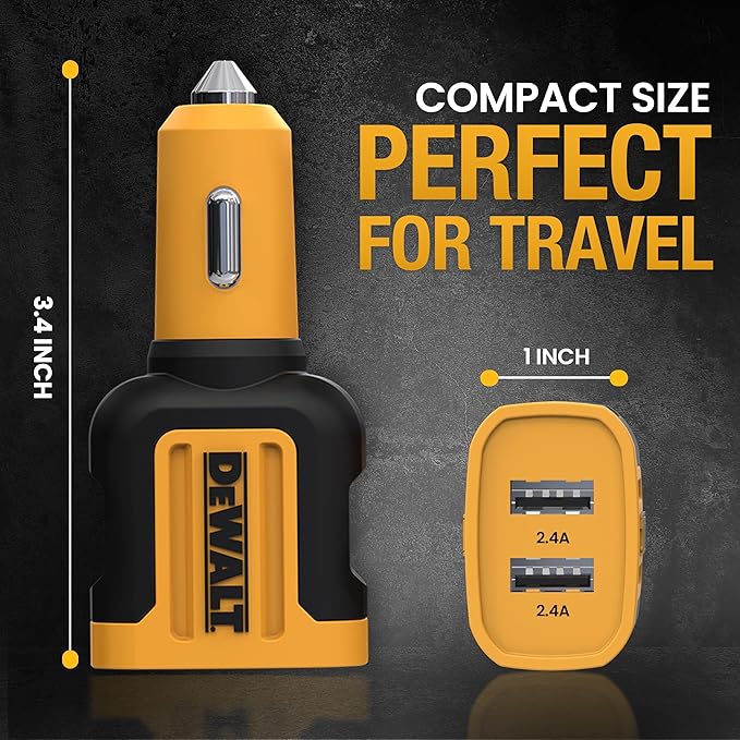 DEWALT Heavy Duty 24W USB Car Charger Adapter, Cigarette Lighter Adapter USBA Charger, Fast Charging Car Lighter USB Adapters, Cell Phone Automobile Chargers for iPhone, Samsung Galaxy, iPad