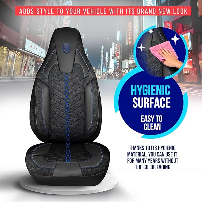 Premium Car Seat Covers Front Seat - Linen Car Seat Cover for SUV, Cars, Most Pickups, Black-Blue Stitching, Car Seat Protector, Car Seat Covers Front Seats, Car Seat Protector
