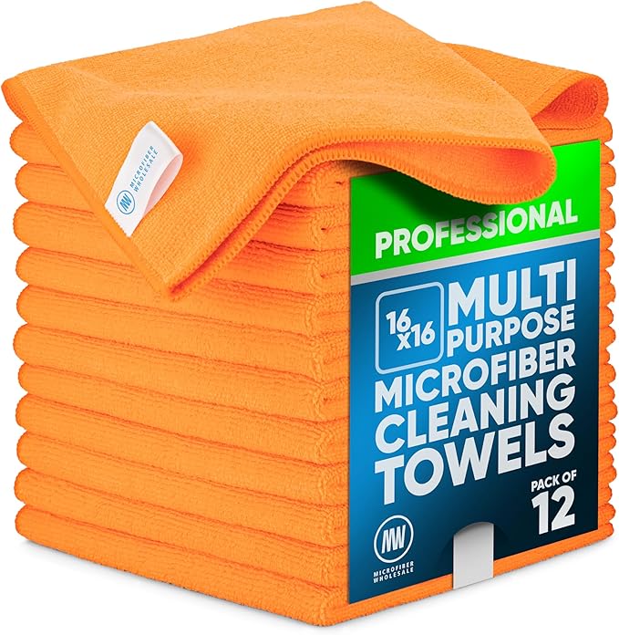 MW Pro Microfiber Cleaning Cloth | Orange | 12 Pack | 16” x 16” | All Purpose Microfiber Towels - Clean, Dust, Polish, Scrub, Absorbent