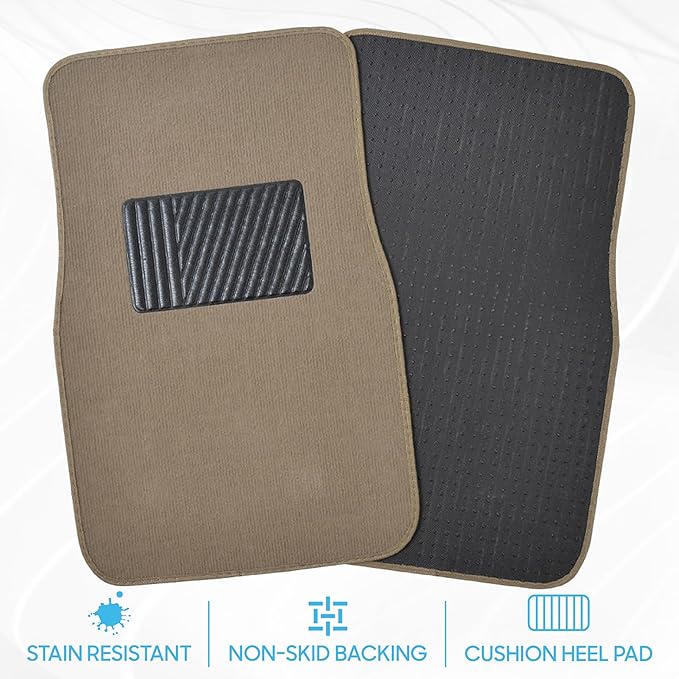 Beige Heavy Duty Front & Rear Carpet Floor Mats Universal Liners for Car SUV Van & Truck, All Weather Protection with Anti-Slip Nibs, Fit Contours of Most Vehicles