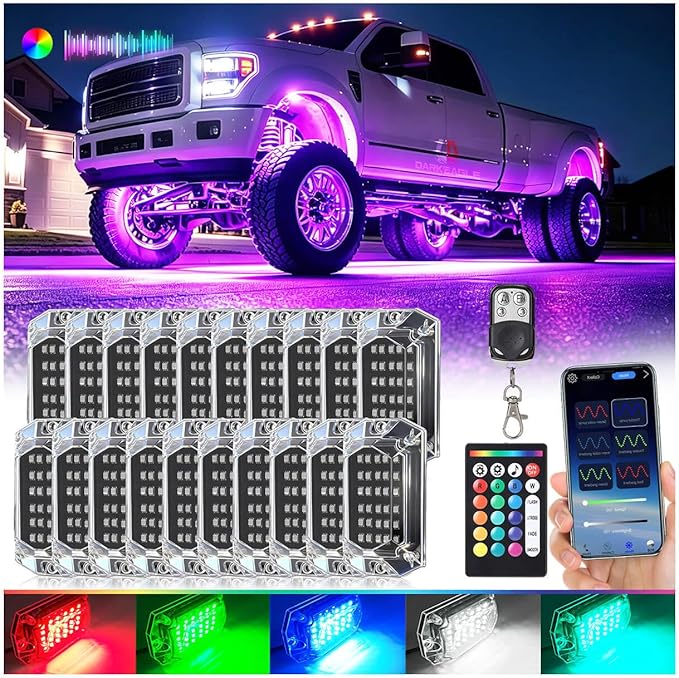 20Pods Full Angle RGB LED Rock Lights Full Kit for Trucks Pickup Dually Truck Off-Road, 600Chip Waterproof Multicolor Underglow Light with APP/RF Remote, Pre Wired 12V Underbody Accent Light Dual Zone
