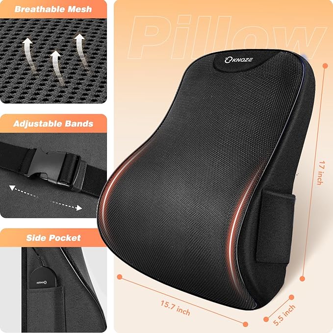 KNQZE Lumbar Support Pillow for Office Chair, Heated Back Support Pillow with Vibration, Back Massage for Pain Relief, 3 Heating Levels & 4 Motors & 3 Intensities, at Home Office Car Sofa - Black