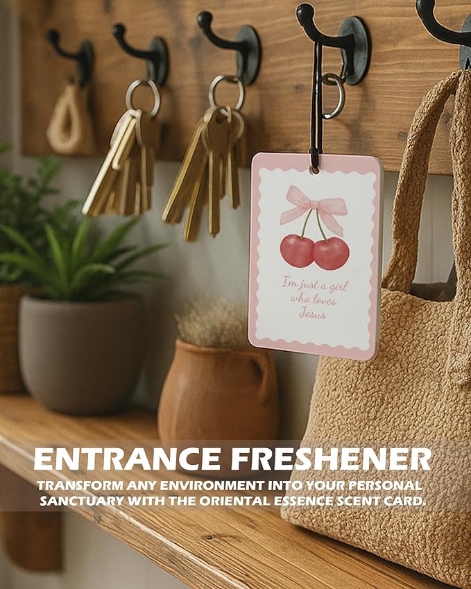Christian Preppy Pink Cologne Car Air Freshener 4 Pcs, Coquette Pink Bow Cherry Floral Bible Verse Hanging Air Freshener for Cars Bathroom Dorm Books Decor, Cute Accessories Gifts for Women