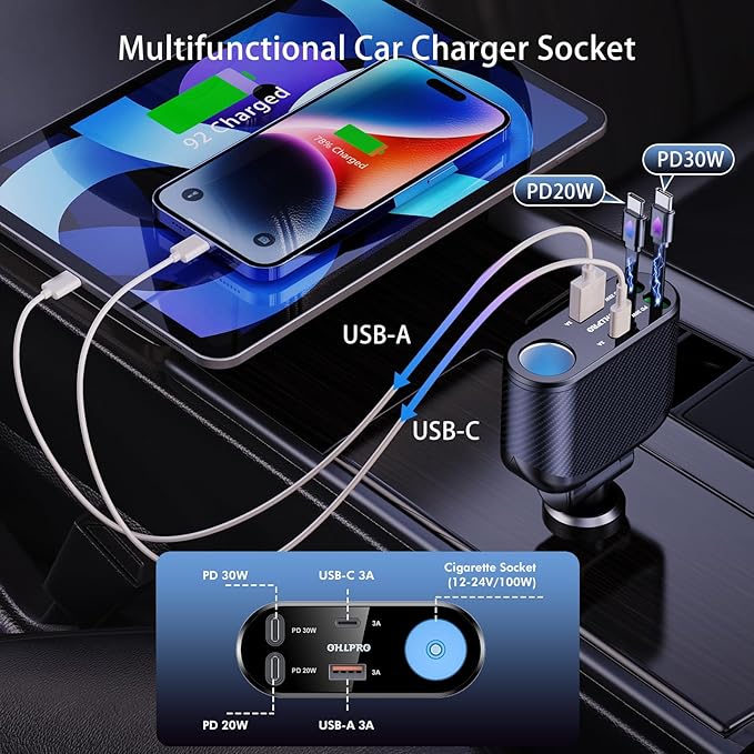 OHLPRO Retractable Car Charger Cigarette Lighter Adapter, 168W 5 in 1 Fast Phone Charging Built-in Replaceable Fuse, Socket Splitter with USB C and USB C Cord, Fit for Phone iPad Galaxy GPS, Grey