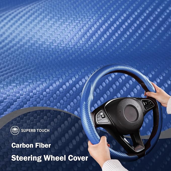 Car Steering Wheel Cover Carbon Fiber Snap On Steering Wheel Accessories Wrap 14.5-15 inch Universal Grip Anti-Skid Protector, Matte Blue