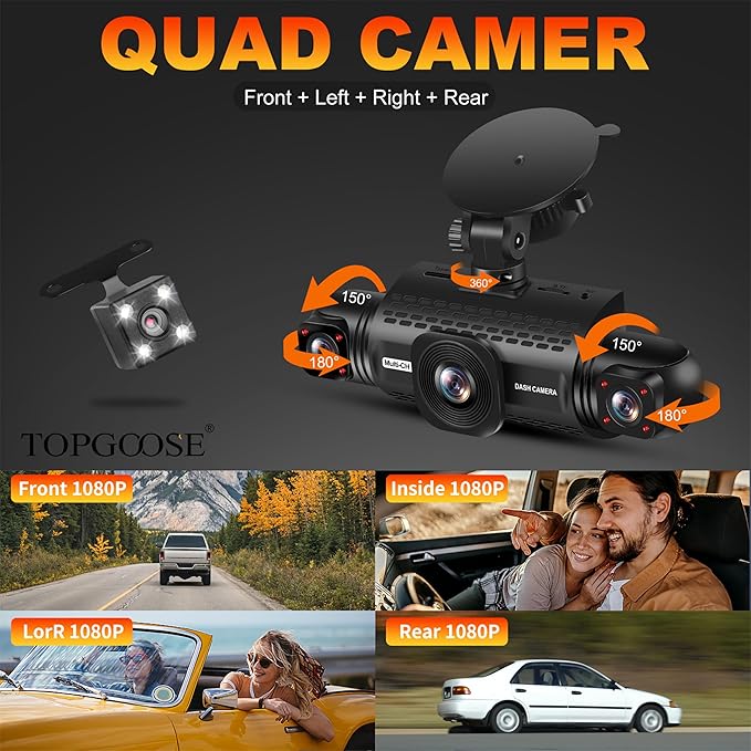 360 Degree View 4 Channel Dash Cam Front and Rear Inside Left Right, TOPGOOSE Dash Camera for Cars FHD 1080P,Free 64GB Card,Multi-Ch Dash Camera for Cars,Black Box Trafflc Recorder,G-Sensor