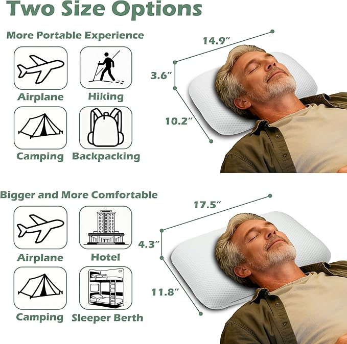 Cooling Camping Pillow, Memory Foam Travel Pillow with Adjustable Buckle Strap & Storage Bag, Compact Small Pillow for Airplane, Car Lumbar, Office, Washable Cooling Cover, Frost White