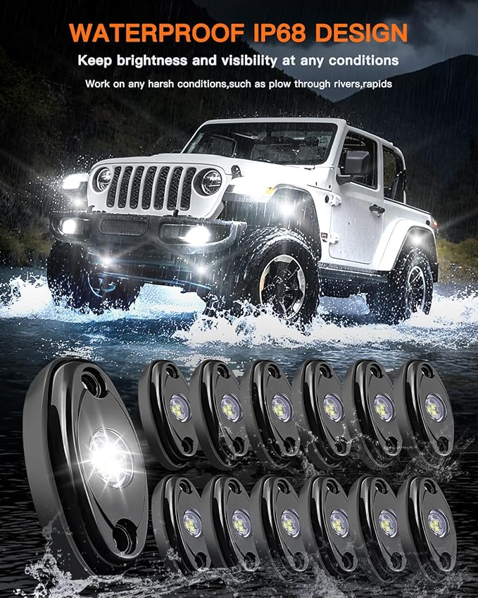 White Rock Lights,LEDMIRCY R1 LED Rock Lights Kit with Toggle Switch Wiring Harness 12PCS Luces para Carro for Trucks ATV UTV Golf Cart Under Glow Light High Power IP68 Waterproof