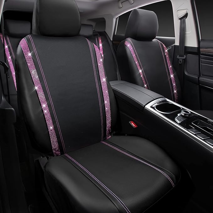 CAR PASS Bling Diamond Car Seat Covers Full Set, Shining Rhinestone Waterproof Faux Leather, Rear with Zipper, Universal Fit Automotive Glitter Crystal Sparkle Strips for Women Girl, Black Pink