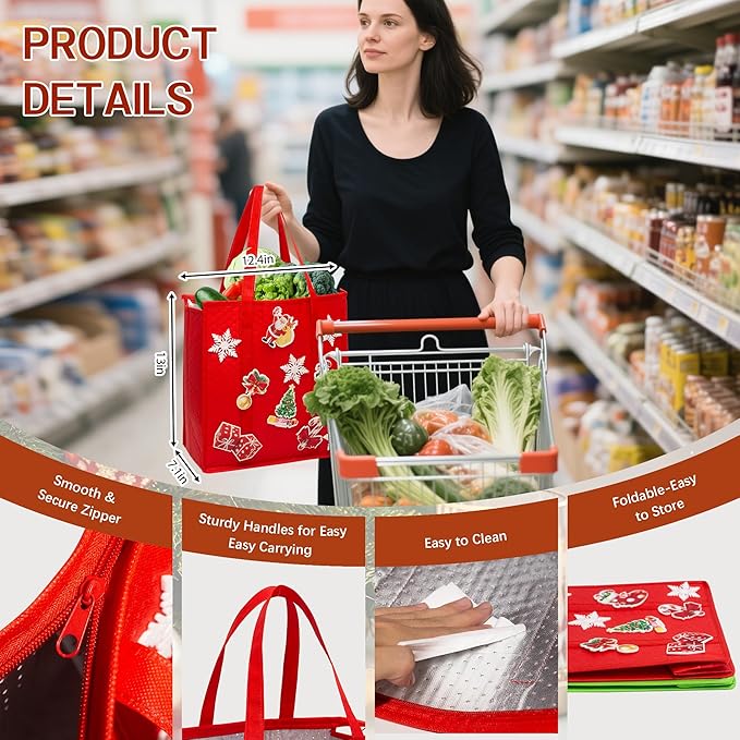 Insulated Grocery Bags with Zippered top Frozen Food Shopping Groceries Travel Insulated Tote Cooler Thermal Bags