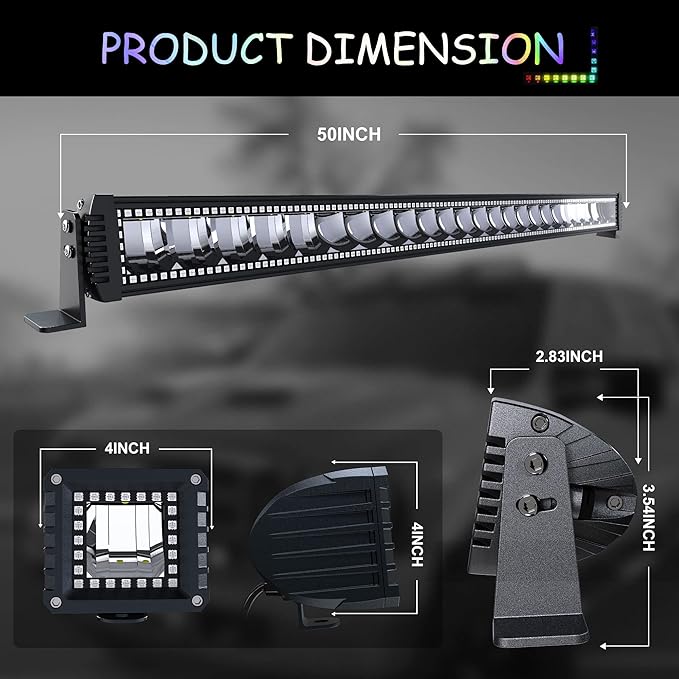 50" RGB LED Light Bar 2Pcs 4" Flood LED Pods with Multi-Color Chasing RGB Halo 16 Solid Colors Over 92 Flashing Modes Offroad Lights Driving Lamp Fog Lights with Switch Wiring Harness