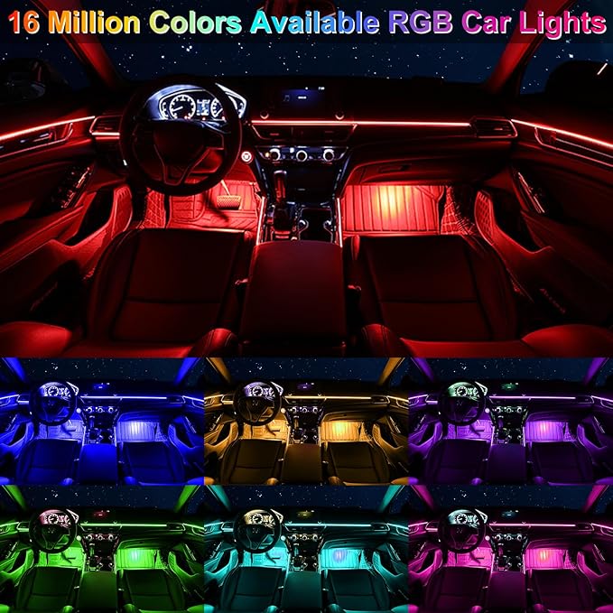 Car LED Interior Strip Lights 6 in 1 APP and Remote Control, RGB 16 Million Colors Ambient Lighting Kit with 315 inches Fiber Optic,Car Decoration for Dash Door Roof