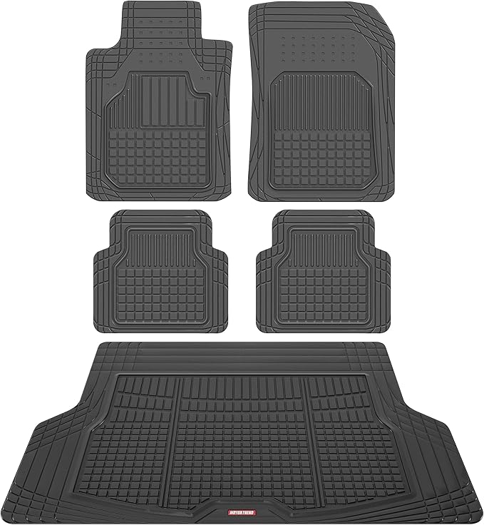 Motor Trend FlexTough Rubber Car Floor Mats and Rear Cargo Trunk Liner Mat, Full Set Trim-to-Fit Performance Heavy Duty Auto SUVs Trucks Cars Vans, Non-Slip Deep Dish Grid Weatherproof Waterproof
