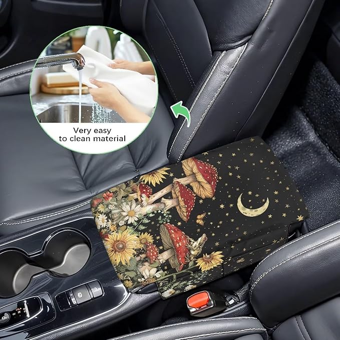 Dreaweet Starry Sky Mushroom Car Armrest Cover Pad Thick Center Console Cover with Pockets Cute Car Accessories for Women Universal Arm Rest Cover for Car Center Console for Truck SUV Cars Sedan