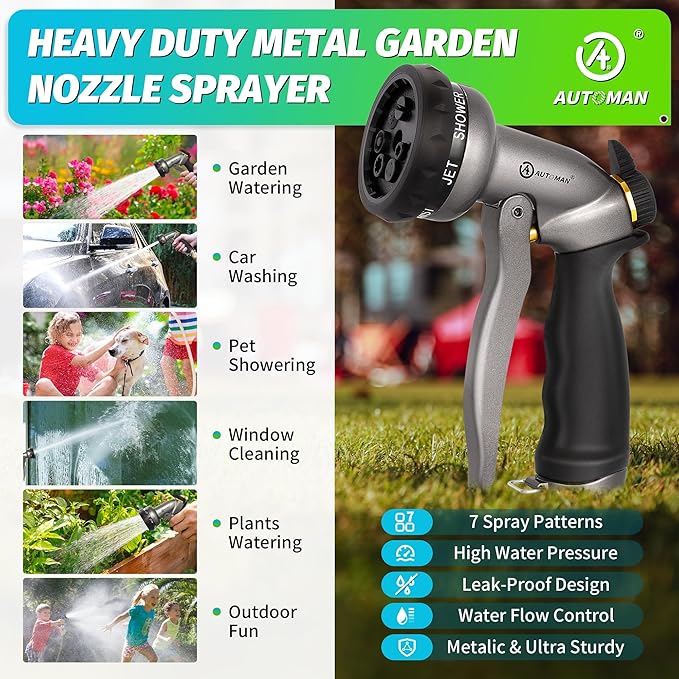AUTOMAN Garden Hose Nozzle - 2 Pack, 100% Metal High Pressure Spray Nozzle, Labor-Saving Design, Heavy Duty for Garden Watering, Car Washing, Window Cleaning, Pets Bathing
