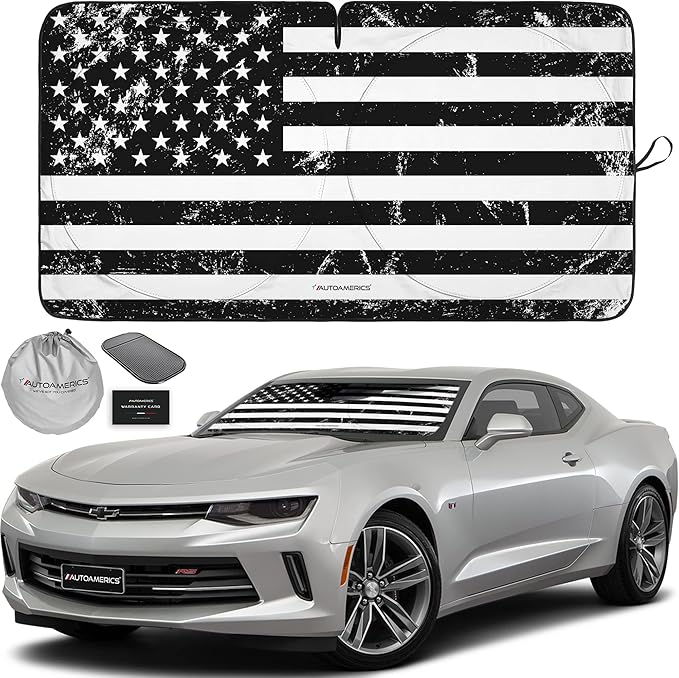 Autoamerics 1-Piece Windshield Sun Shade Grunge B&W American Flag USA Design - Foldable Car Front Window Sunshade for Most Sedans SUV Truck - Blocks Max UV Rays and Keeps Your Vehicle Cool - Small