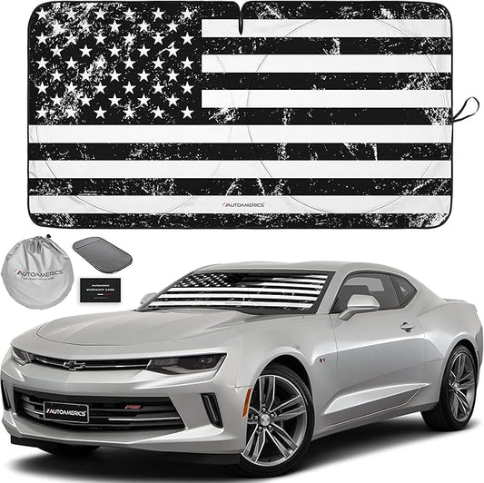 Autoamerics 1-Piece Windshield Sun Shade Grunge B&W American Flag USA Design - Foldable Car Front Window Sunshade for Most Sedans SUV Truck - Blocks Max UV Rays and Keeps Your Vehicle Cool - Small