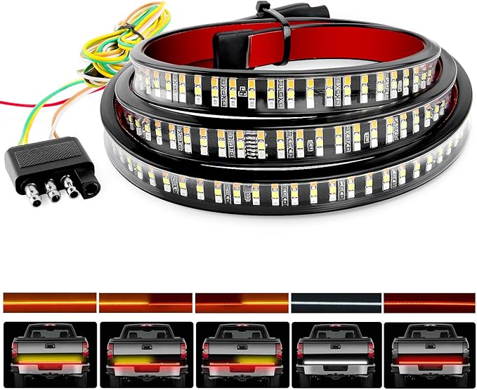 Nilight TR-03 60" Triple 504 LEDs Truck Tailgate Side Bed Light Bar Strip Sequential Amber Brake Running Turn Signal Red/White Reverse