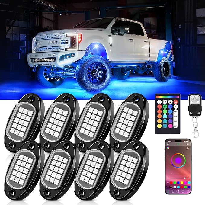 RGB LED Rock Lights 8 Pods - Multicolor Underglow Neon Light Kits, Underbody Lamp Waterproof with APP/Remote Control & Music Mode for Pickup Car Off Road SUV ATV Vehicle