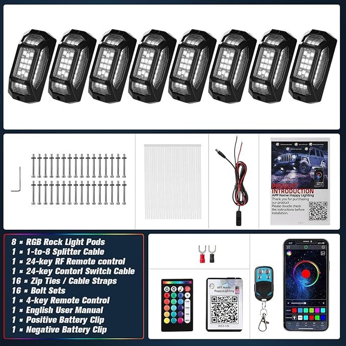 RGB Rock Lights for Trucks, 8 Pods 5-Sided LED Underglow Lights with App/RF Remote Control, 160° Wide Angle Music Sync Neon Exterior Light Kit, IP67 Waterproof, No-Drill for Jeep SUV ATV UTV Boat