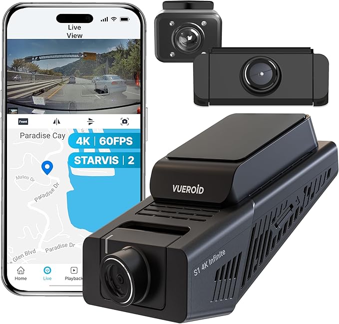 S1 4K Infinite 3 Channel Dash Cam Front and Inside Rear Car Camera, 4K, 2.5K Dashcam for Car, STARVIS 2, Night Vision, 24/7 Recording, 5G WiFi GPS, Car Surveillance Camera, Gifts for Men Women