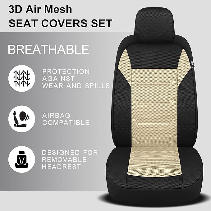3D Air Mesh Car Seat Cover Front Sets Washable and Breathable Premium Cloth Automotive Vehicle Seat Covers for Cars Interior, Universal Fit for Most Cars, Sedan, Truck, SUV(Black/Beige)