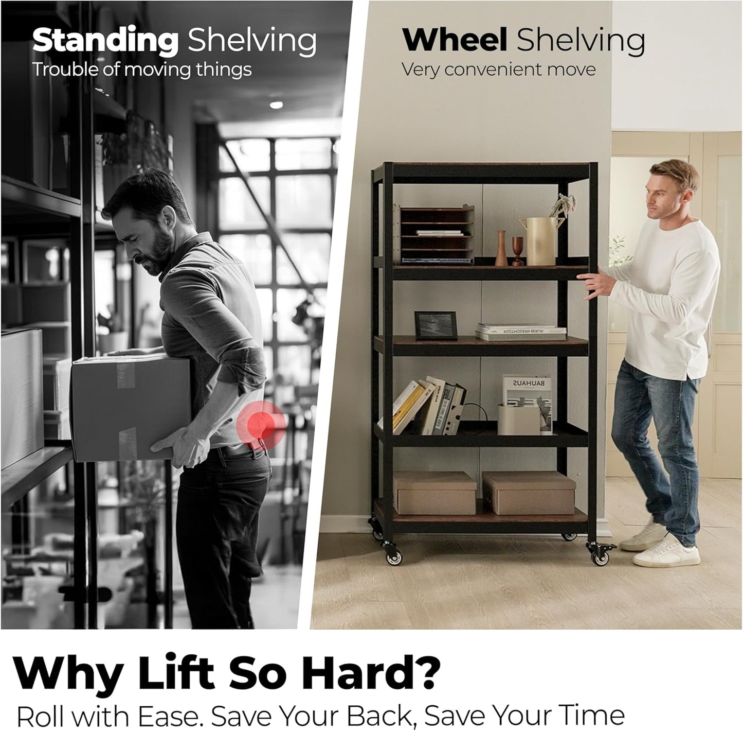 HOMEDANT House 5-Tier Metal Rolling Cart Shelf Rack Casters Heavy Duty Laminated Wheel Shelving Unit Adjustable Utility Storage Shelves Organizer Shelf Kitchen Garage 36.2" W x 16.5" D x 69.5" H 3Pack