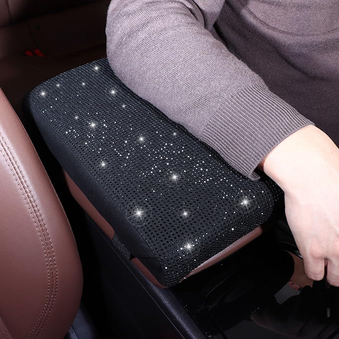 Black Bling Car Armrest Cover with Memory Foam Cushion Pad & Rhinestones, Universal Diamond Center Console Cover for Cars, Bling Middle Console Cover, Bling Car Accessories for Women, Black