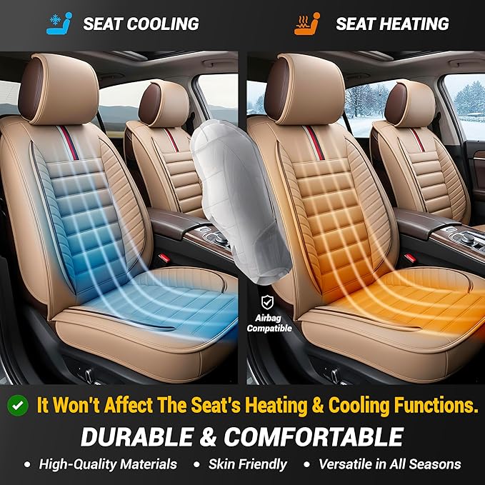 OASIS AUTO Car Seat Covers Front Seats Premium Waterproof Faux Leather Cushion Universal Accessories Fit SUV Truck Sedan Automotive Vehicle Auto Interior Protector (OS-001 Tan)