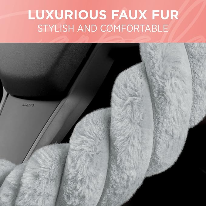 Carbella Twisted Fur Gray Steering Wheel Cover, Standard 15 Inch Size Fits Most Vehicles, Fuzzy Fluffy Car Steering Cover with Soft Faux Fur Touch, Car Accessories for Women