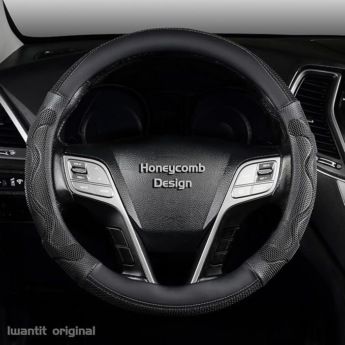 Iwantit® Car Steering Wheel Covers with 3D Silicone Honeycomb for Men,Anti-Slip Design and Breathable Fabric,Universal Fit 14.5-15 Inches (Full Black)