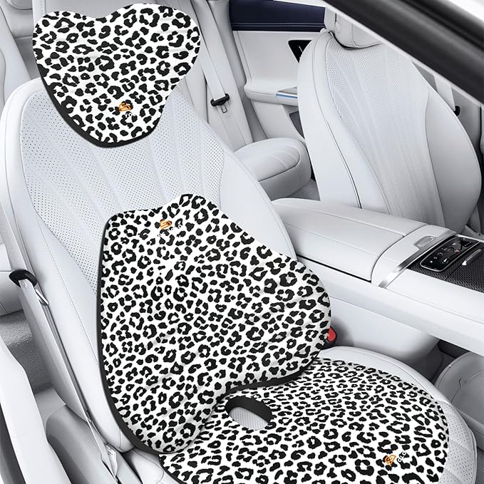 NS YOLO Ergonomic Car Seat Cushion with Comfort Memory Foam Neck Pillow, Car Pillow,Lumbar Support and Big Size Soft Seat Cushion for Driving Seat,Office Chair and Wheel Chair (Leopard Print-3 pcs)
