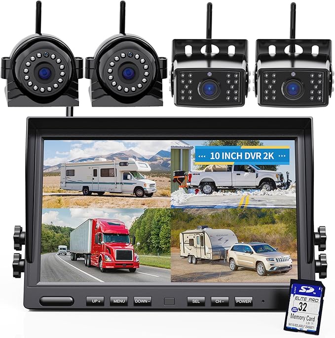 eRapta 4 Wireless Backup Camera System with HD 2K 10-Inch Loop Recording Monitor, Quad Channels Full-Field Cameras IR Night Vision for Trailer/RV/Truck/Camper/Bus-AW104SL