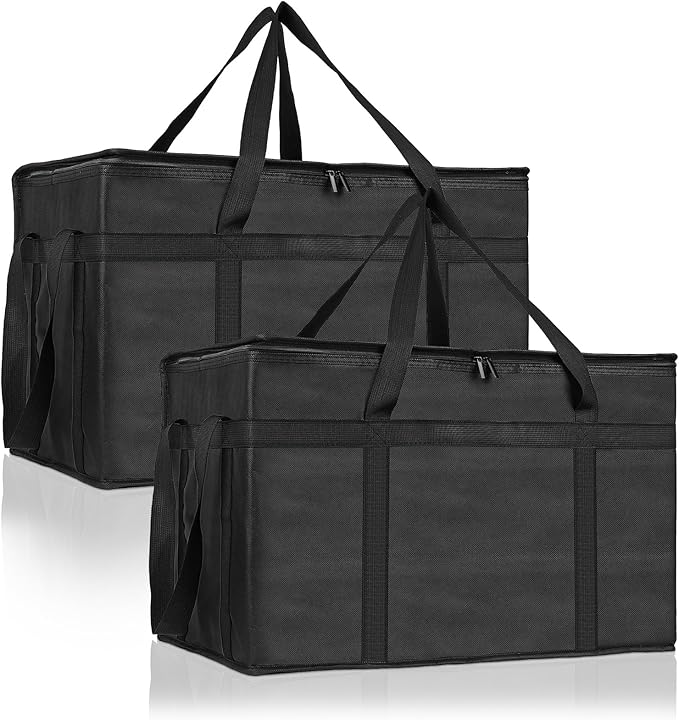 PEASUG 2PCS Insulated Bags for Food Delivery, XXXL Pizza Delivery Bags, Large Capacity Cooler Bag Keep Food Warm for Grocery Shopping and Catering, Foldable, Heavy-Duty (Black)