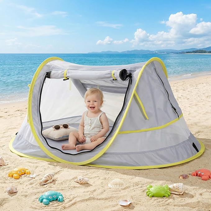 Poray Portable Baby Beach Tent with UPF 50+ Sun Shelter,Mosquito Net and Sunshade, Ideal Pop Up Kids Travel Tent with Carry Bag & 2 Stakes,Outdoor Indoor Play and Sun Protection