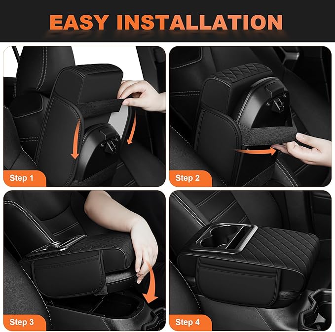 Center Console Cover Fit for Kia Soul 2010-2025 with 2 Storage Bags Waterproof Leather Quilted Pattern Car Armrest Cover Cushion Elevating Pad Anti-Slip(Black)