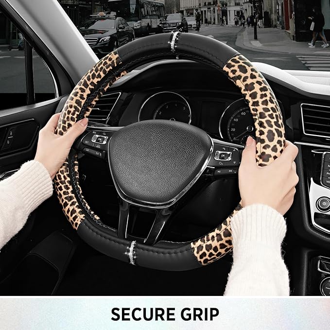 Road Comforts Leopard Steering Wheel Cover - Made with PVC Leather Cheetah Print, D-Shaped Automotive Steering Wheels - Anti-Slip, Universal Fit 14 1/2 inches to 15 inches - Black