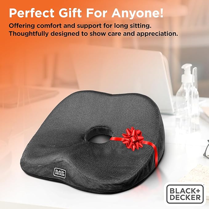 BLACK+DECKER High Back Tailbone Seat Cushion – Memory Foam Chair Cushion for Office, Car, Wheelchair & Airplane – Ergonomic, Non Slip, Breathable Mesh, Sciatic Pain Relief, Washable Cover, Black