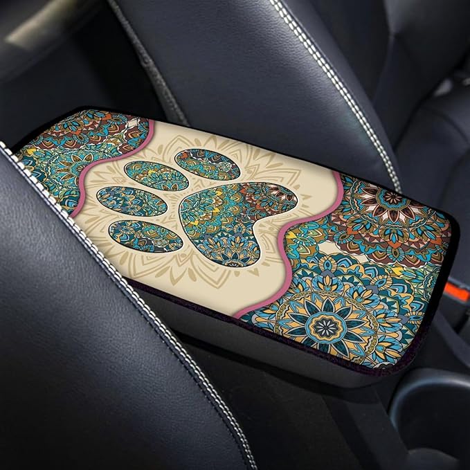 Suobstales Boho Mandala Paw Print Car Armrest Pad Soft Center Console Arm Rest Protector Cover Universal Car Interior Accessories Decoration