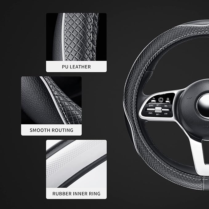 GXT Steering Wheel Cover, PU Leather, Universal 15 Inches, Non-Slip, Odourless Car Interior(Black White)