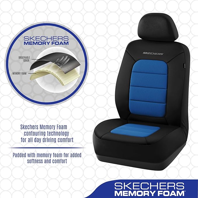 Skechers Memory FoamCar Seat Covers,Thick Cool Touch Fabric Seat Covers,Seat Cover Full Sets Airbag Compatible,Automotive Comfort Protection for Most Cars,Vans,Trucks,SUV,Blue