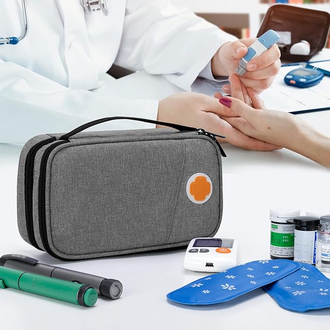 CURMIO Insulated Insulin Cooler Travel Case, Double Layer Diabetic Supplies Storage Bag with Detachable Pouches for Diabetic Medication and Ice Packs, Gray, Empty Bag Only