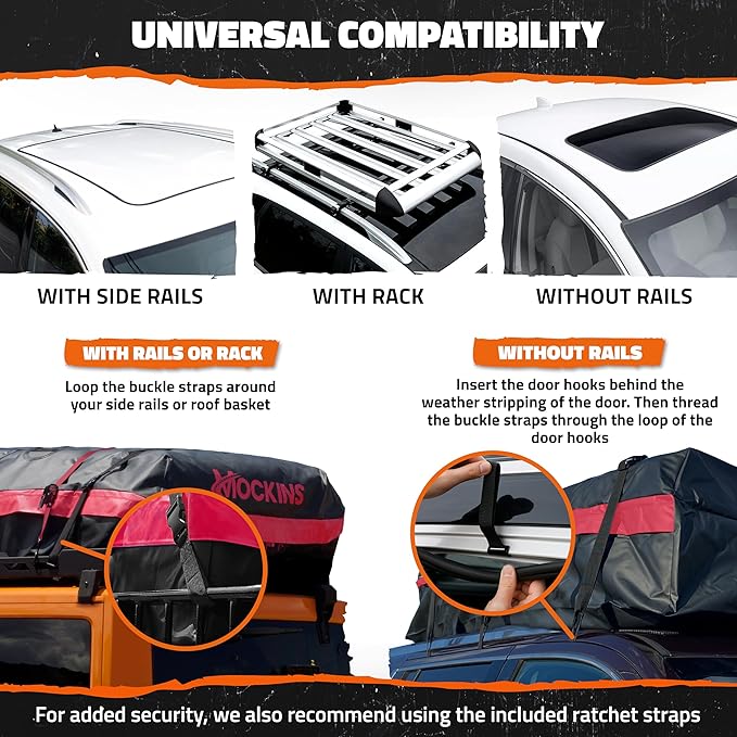 Mockins 45 CuFt XL Waterproof Rooftop Cargo Carrier Bag | 75"x48"x22" Heavy-Duty Car Roof Cargo Carrier for Use with or Without Roof Rack | All-Weather Car Bag with Mat, Lock, Hooks, Straps & Case