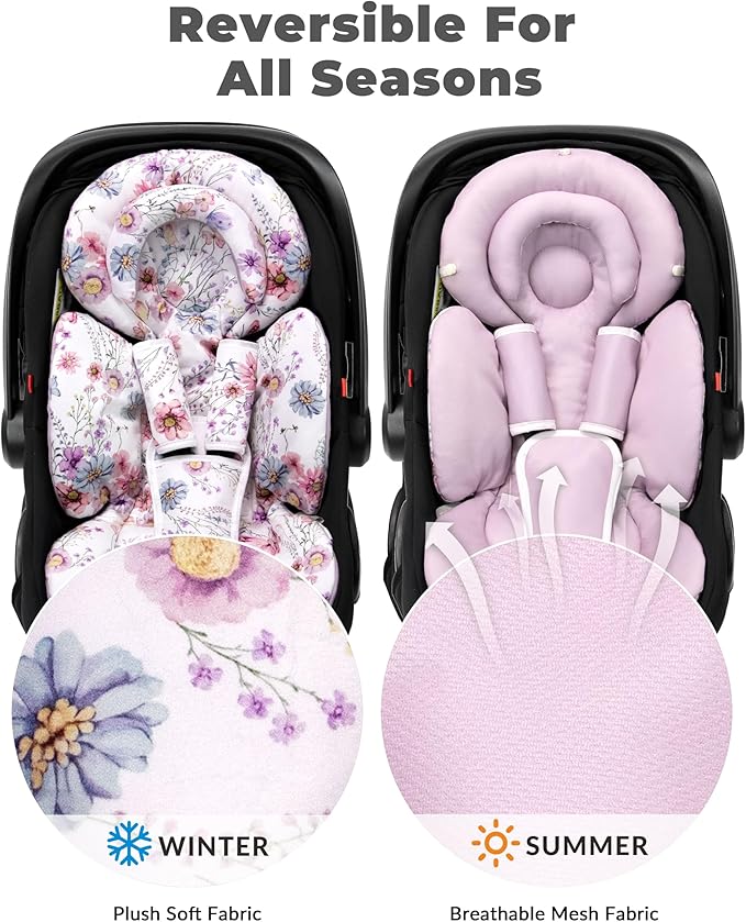 Infant Car Seat Insert with Extra Cushion for Preemie to Toddler, Reversible Newborn Carseat Insert for Baby Head Body Support, Fits for Stroller, Baby Swing, Bouncer (Purple Wildflower)