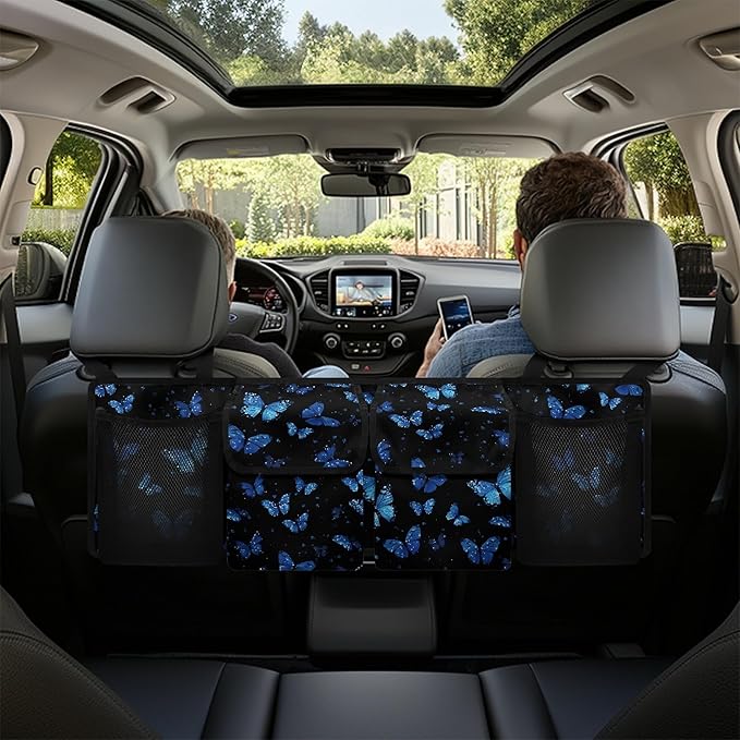 Blue Butterfly Car Trunk Organizer Small SUV Trunk Organizers and Storage with 4 Pockets, Butterfly Car Accessories for Women Car Organization, Leave Room for Buying and Shopping