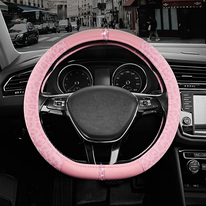 Road Comforts Leopard Steering Wheel Cover - Made with PVC Leather Cheetah Print, D-Shaped Automotive Steering Wheels - Anti-Slip, Universal Fit 14 1/2 inches to 15 inches - Full Pink