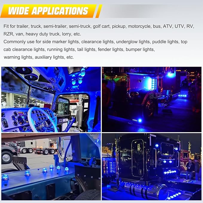 BJZ 10Pcs Blue Watermelon LED Strobe+Constant Marker Lights Dual Function Watermelon-Shaped Side Marker Clearance Tail Top Cap Roof Lights for Trailer Truck Semi-Trailer Heavy-Duty Truck Bus Van