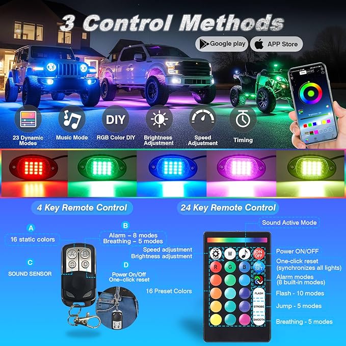 10Pods Segmented RGB LED Rock Lights Kit with APP/RF Remote Control, Waterproof Multi Color Underglow Light Music Mode 12V Underbody for Jeep Trucks UTV ATV RZR Golf Cart Offroad SXS SUV Side By Side