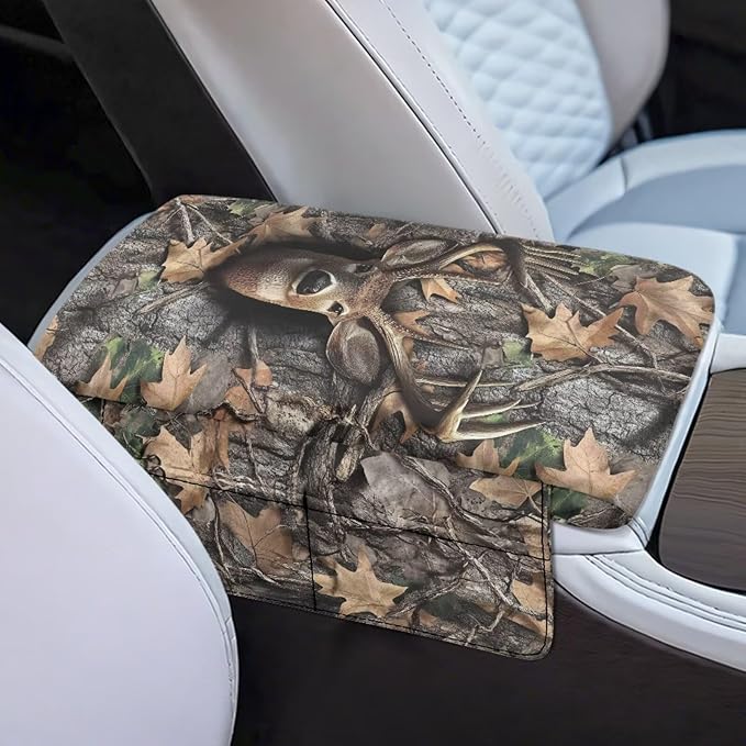 Tupalatus Deer Center Console Cover Water-Resistant Hunting Forest Universal Center Console Pad Non-Slip Car Interior Protection Accessories Easy Installation Fit for Cars Truck SUV